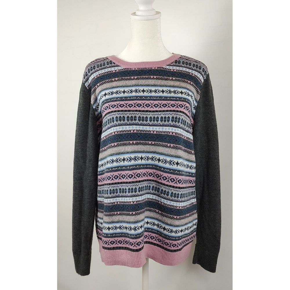 Talbots Petites Fair Isle Sweater Womens Large Petite Pink Blue Lambswool Blend